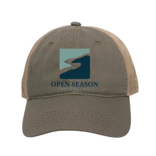 Olive and Tan Mesh Back with Open Season Properties Logo