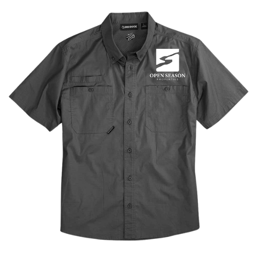 Gunmetal DriDuck Short Sleeve Button Up with Open Season Properties Logo