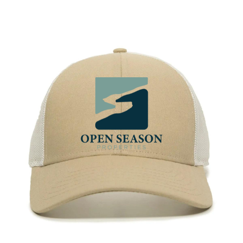 Khaki and White Mesh Back Hat with Open Season Properties Logo